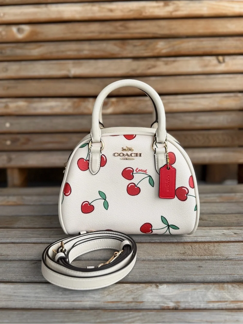 COACH SYDNEY SATCHEL WITH HEART CHERRY PRINT - Picture 3 of 6